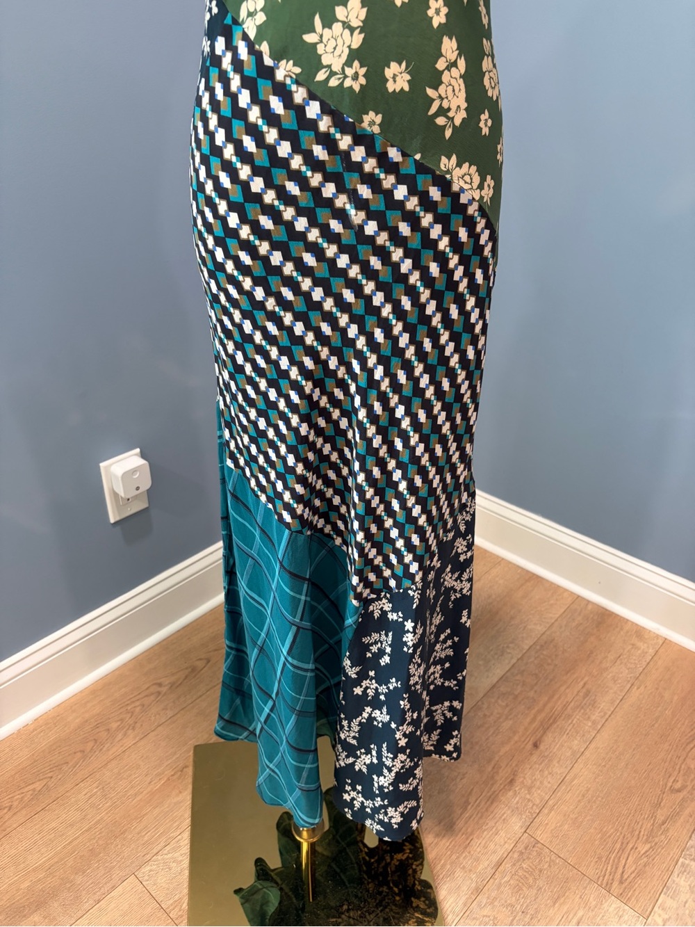 Anthropologie Kachel Patchwork 100% Silk Bias Cut Maxi Dress Green Blue Floral - Picture 7 of 8